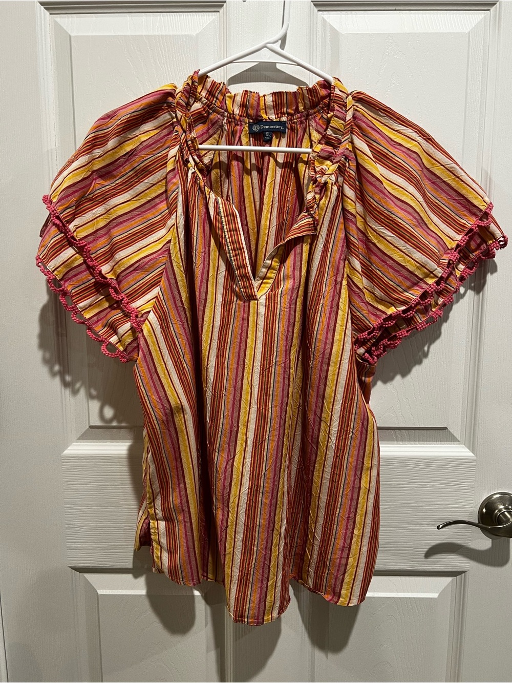 Democracy Striped Flutter Sleeve Peasant Top - Pink, Yellow, Coral